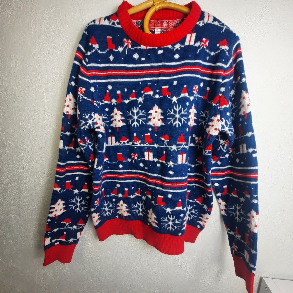 You Look Ugly Today Christmas Holiday Pullover Knit Sweater L Red Blue